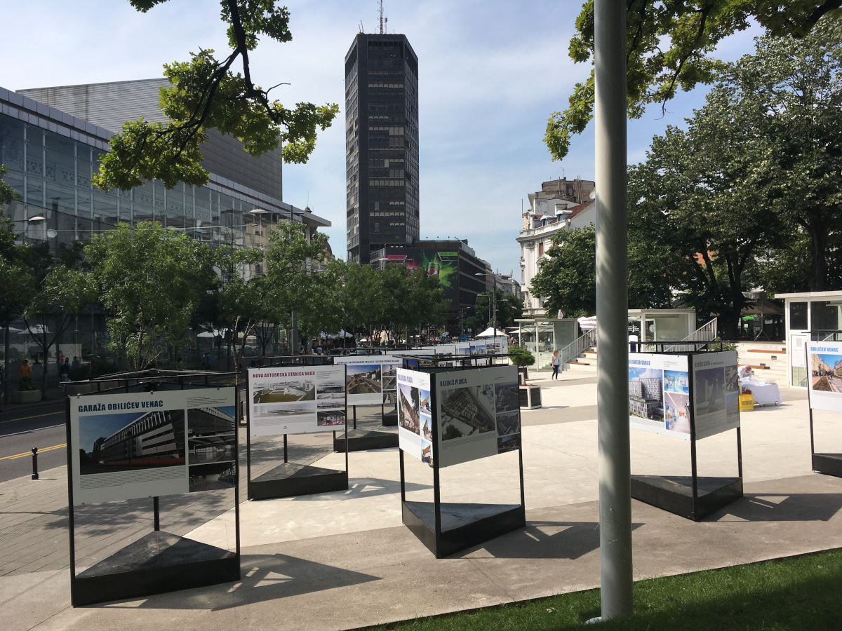 A view on Belgrade Palace skyscraper from Flower Square