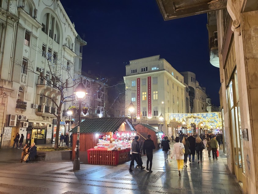 Knez Mihailova street at Delijska fountain and Serbian Academy of Arts and Sciences