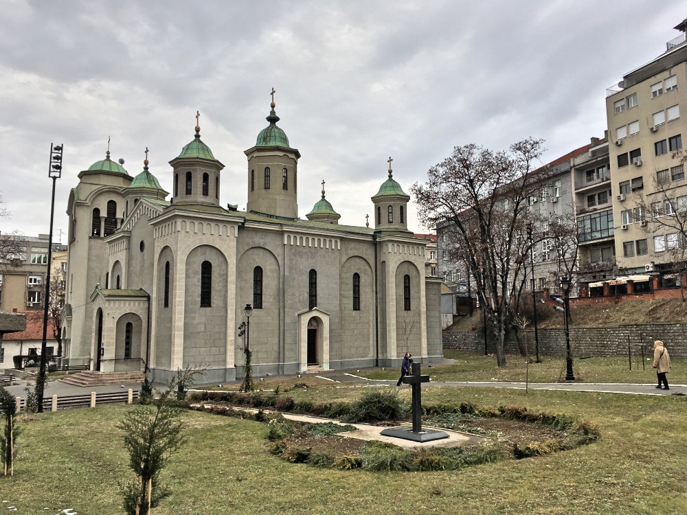 Vaznesenjska Church near Kneza Miloša street and Belgrade Palace skyscraper