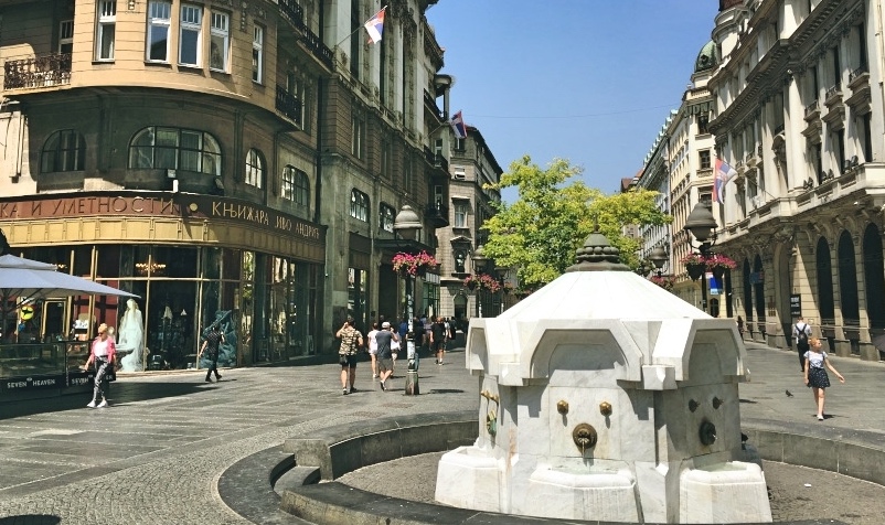 Knez Mihailova street at Delijska Fountain and the Serbian Academy of Arts and Sciences