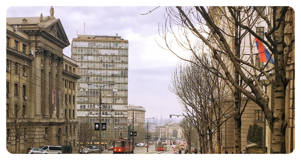 A view on Nemanjina street, Ministry of Transport building and the old Main Railway Station