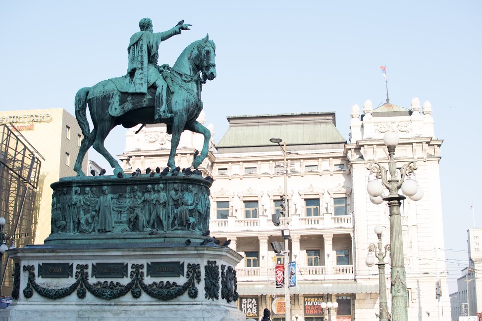 A view on the monument to Knez Mihailo and the National Theater