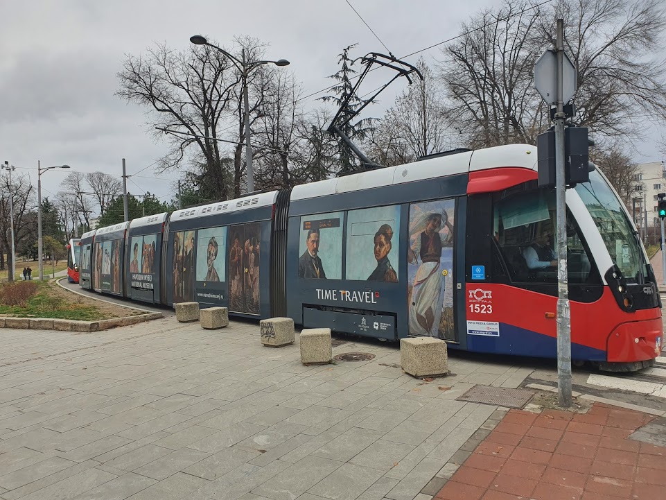 Tram decorated with paintings from the National Museum of Serbia